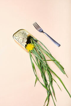 Vegetation in tin can and a fork