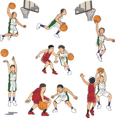Various actions of basketball players