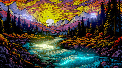 Beautiful sunset over the river. Render 3d mosaic painting on black background, landscape, artwork. Renderind image