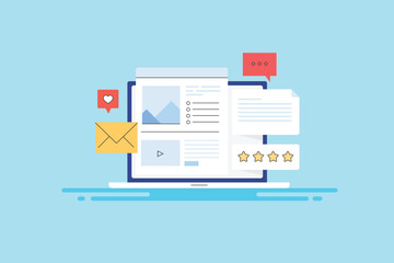 Content strategy for digital marketing campaign, blog publishing, email message sending and posting content on social media concept with blue background, vector illustration web banner.