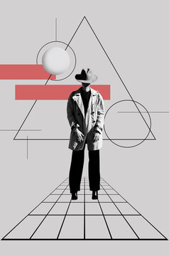 Collage with woman in overcoat standing agains abstract background