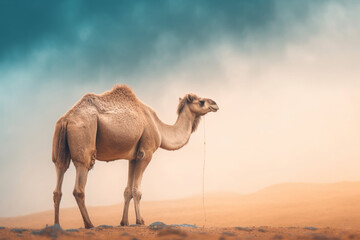 Camel in the desert on a background of blue sky with clouds
