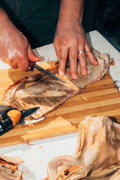 Butcher cutting lamb meat
