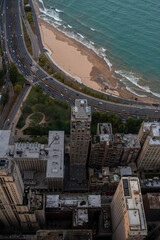Aerial view of Chicago downtown high rise buildings and lake Michigan