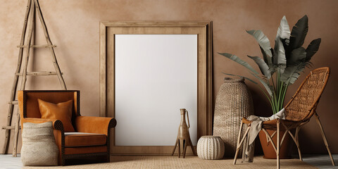 Simple empty white wooden frame mockup on simple pastel wall with sun rays and shadows. Rustic home interior design idea. Scandinavian minimal decor design look. Generated AI.