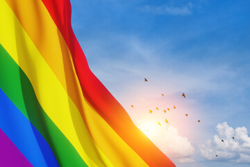 Waving LGBT pride flag on the blue sky with flying birds, rainbow flag background. Multicolored peace flag movement.