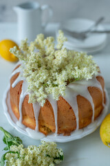Healthy sweet home made elderflower sponge cake on a table