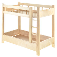 Wooden bunk bed for children, isolated on a white background. A toy crib for dolls. The frame of a lullaby, furniture for a children's room
