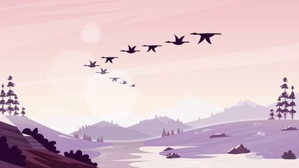 Birds flocking from south back home in spring. Landscape illustration 