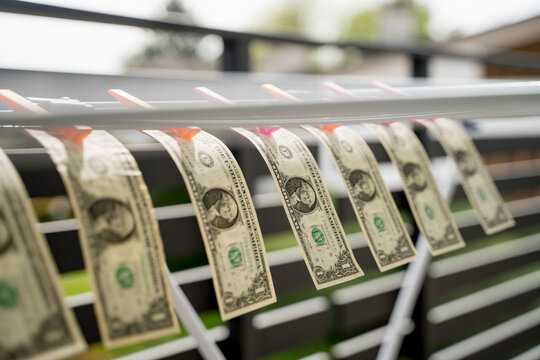 Dollar bills placed to dry on a clothesline