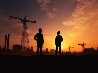 Fototapeta na wymiar Silhouette of asian engineer and worker inspecting project at construction site background at sunset in evening
