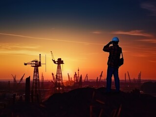 Silhouette of asian engineer and worker inspecting project at construction site background at sunset in evening
