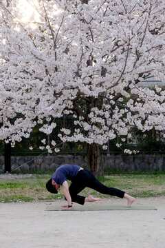Yoga Random Asana Posing in front of cherry blossoms tree