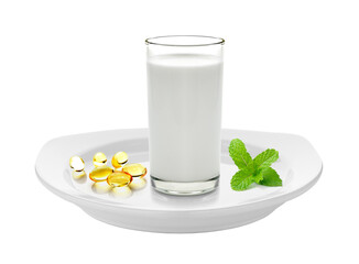 glass of milk mint and fish oil  on transparent png