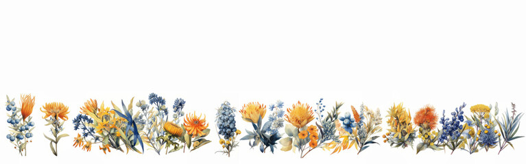 Watercolour set of exotic flowers. Collection of watercolour clipart drawing. Wide banner, card, web. Ai generated illustration. 