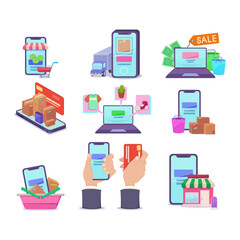Devices with online shopping apps vector illustrations set. Collection of drawings of mobile phones, laptop with internet store on screen, hand with credit card. Online shopping, technology concept