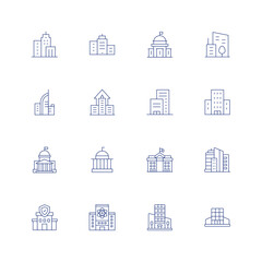 Building line icon set on transparent background with editable stroke. Containing city, city building, city hall, company, condo, government, skyscrapers, insurance, laboratory, mall.