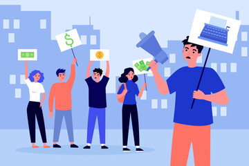 Scriptwriters protesting for fair salary vector illustration. Strike of protesters holding megaphone and banners with money. Strike of scriptwriters and directors, activism concept