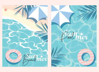 Fototapeta na wymiar set of summer banners with beach and pool. summer vector background with beach and pool illustrations for banners, cards, flyers, social media wallpapers, etc.