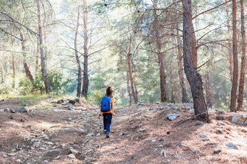 Obraz premium Traveling child. a tourist with a backpack goes along a mountain road. adventure holidays with children.