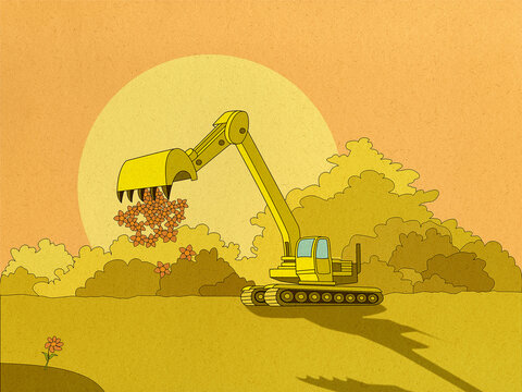 Track excavator plants flowers