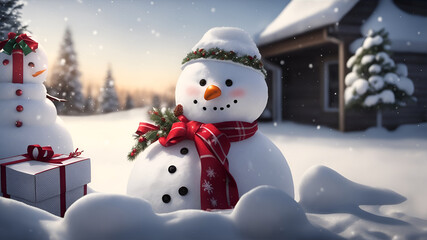 Christmas banner of gift boxes on snow outside with snowman. Generative AI