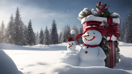 Naklejka premium Christmas banner of gift boxes on snow outside with snowman. Generative AI