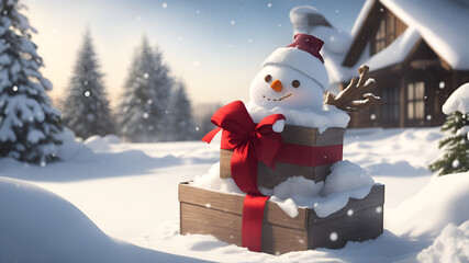 Fototapeta premium Christmas banner of gift boxes on snow outside with snowman. Generative AI