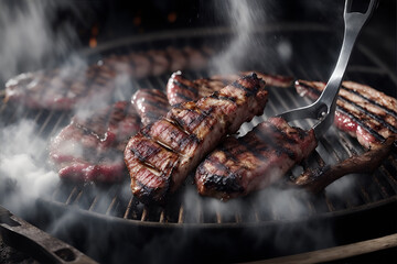 Delicious bbq kebab grilling on open grill. Generative AI