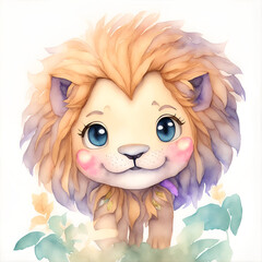 Face of Kawaii lion smiling Watercolor Clipart HAPPY. Generative AI