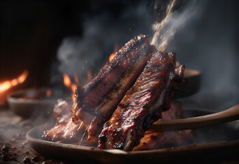 Juicy grilled pork ribs on fire. Generative AI