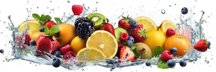 Assortment of Fresh fruits mixed falling into water with a big splash . Wide banner. Generative AI