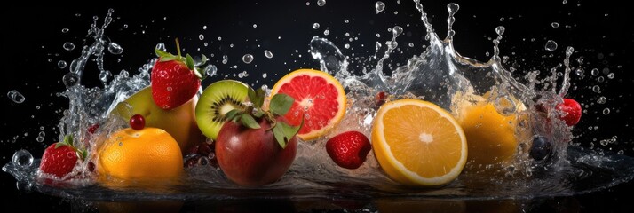 Fototapeta na wymiar Assortment of Fresh fruits mixed falling into water with a big splash . Wide banner. Generative AI