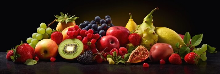 Fototapeta na wymiar Assortment of Fresh fruits mixed.Tasty fruits background. Fresh fruits. Wide banner. Generative AI