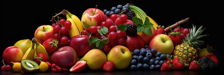 Assortment of Fresh fruits mixed.Tasty fruits background. Fresh fruits. Wide banner. Generative AI