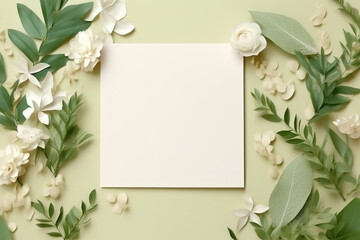 Flat lay of paper card template with leaves