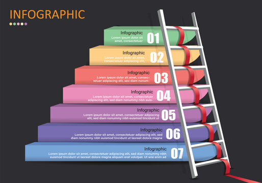 Vector Infographic 7 White Steps Ladder With Red Ribbon Lines Showing Ascending Sequence Over Gray And Black Background For Finance, Education, Administration Or Planning Presentation.