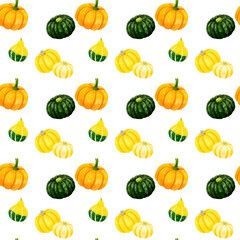 色々な種類のかぼちゃのシームレスパターン　手描き水彩イラストの野菜柄