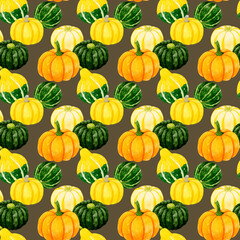 色々な種類のかぼちゃのシームレスパターン　手描き水彩イラストの野菜柄