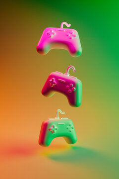 three gamepads in a colorful environment
