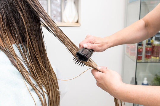hairdresser brushing and combing client's hair in a hairdressing salon