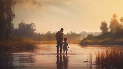 Generative AI image of a serene scene, capturing a father and his daughter fishing together, symbolizing the bond and cherished moments shared on Father's Day, fostering a love for nature