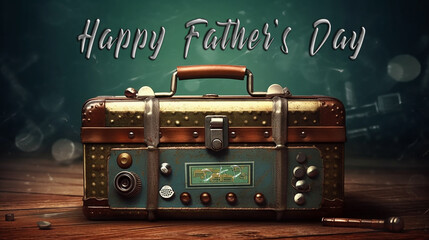 Generative AI image of a sturdy tool box filled with essential tools, embodying the spirit of Father's Day, celebrating fathers as skilled craftsmen and providers, with text Happy Father's Day