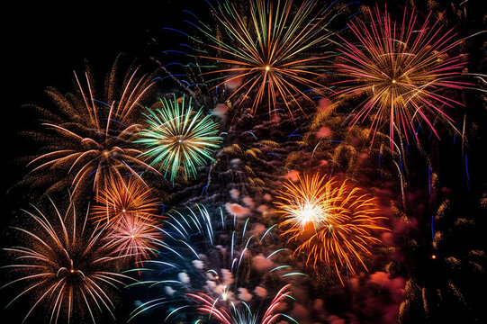 fireworks with black background in full view fireworks in bright colors