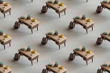 3d pattern of many desks with books. education concept