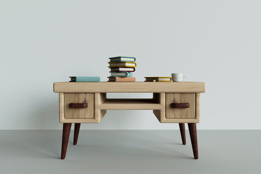 a desk full of books. 3d render