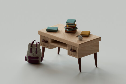 a desk with books and a backpack.
