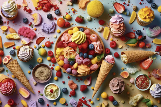 a colorful view of various desserts, including ice cream concoctions