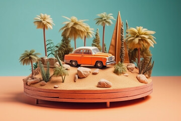 Obraz premium miniature model of a tropical island with vehicles and a car
