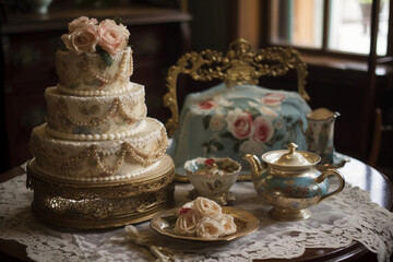 antique wedding cake set on a table